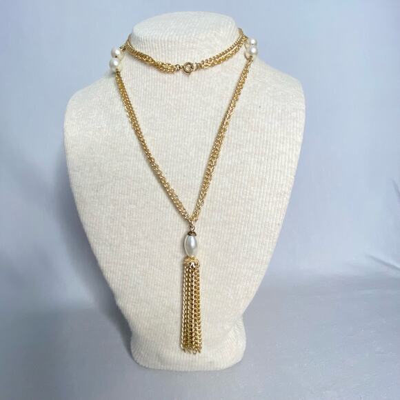 Gold Tone Twisted Cable Chain Necklace Two Strands Station Pearly Beads Tassle - Picture 2 of 9
